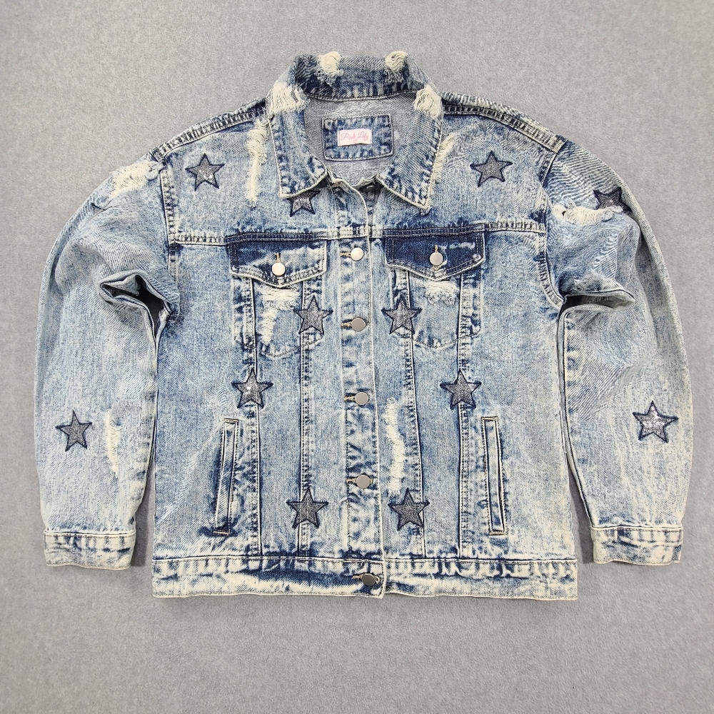 Pink Lily Denim Jacket Women Small Blue Distressed Fade Stars Flap Pockets